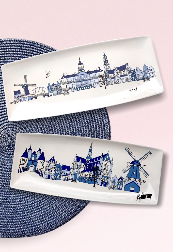 schalen met skyline van stad naar keuze in delfts blauw